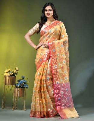 Light yellow floral zari woven organza saree 1