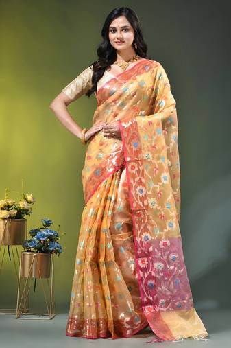 Light yellow floral zari woven organza saree
