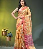Light yellow floral zari woven organza saree