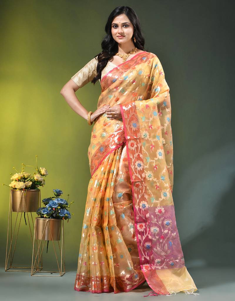 Light yellow floral zari woven organza saree