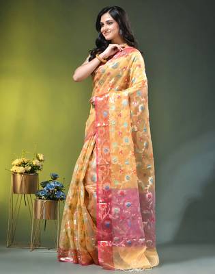 Light yellow floral zari woven organza saree 2