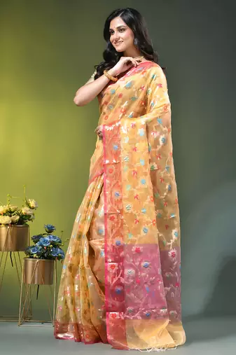 Light yellow floral zari woven organza saree