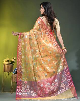 Light yellow floral zari woven organza saree 3
