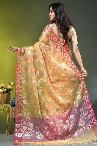 Light yellow floral zari woven organza saree