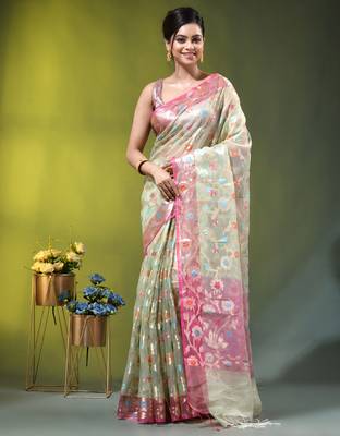 Light green floral zari woven organza saree 1