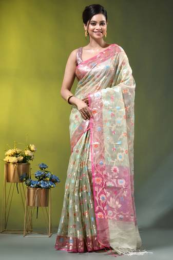 Light green floral zari woven organza saree