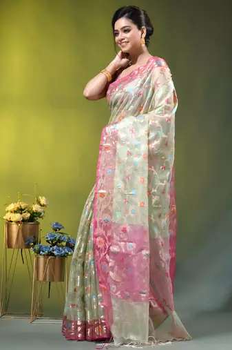 Light green floral zari woven organza saree