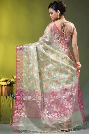 Light green floral zari woven organza saree