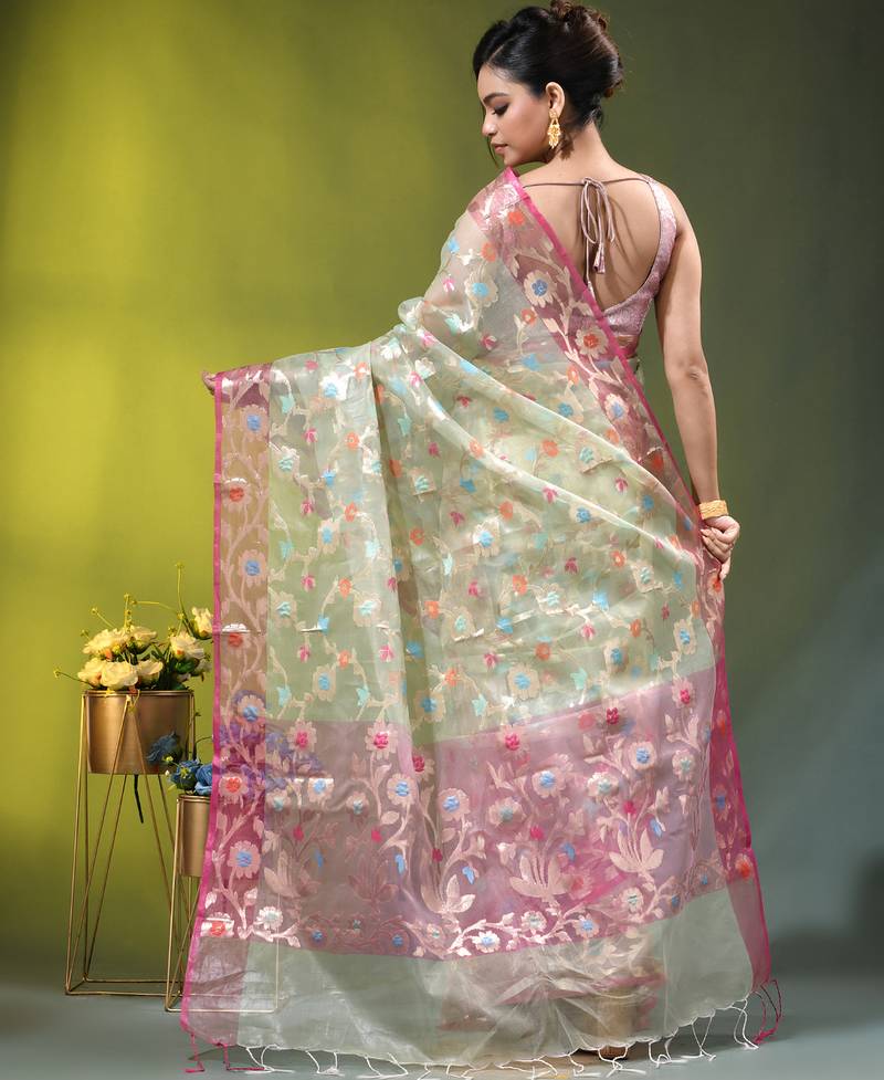 Light green floral zari woven organza saree