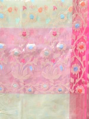 Light green floral zari woven organza saree 4