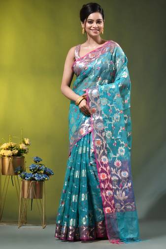 Aqua blue floral zari woven organza saree