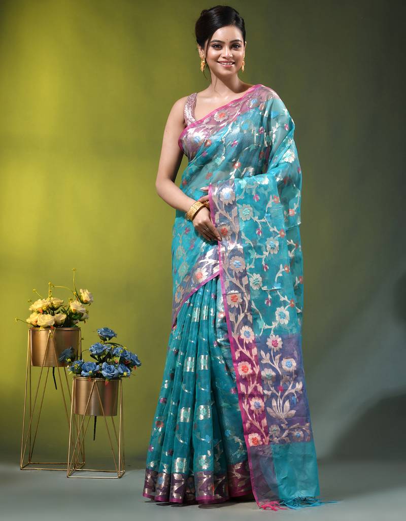 Aqua blue floral zari woven organza saree