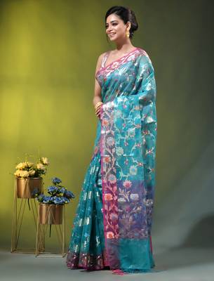 Aqua blue floral zari woven organza saree 2