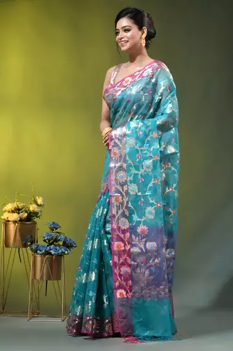 Aqua blue floral zari woven organza saree