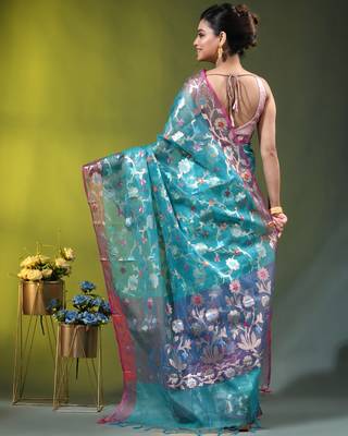 Aqua blue floral zari woven organza saree 3
