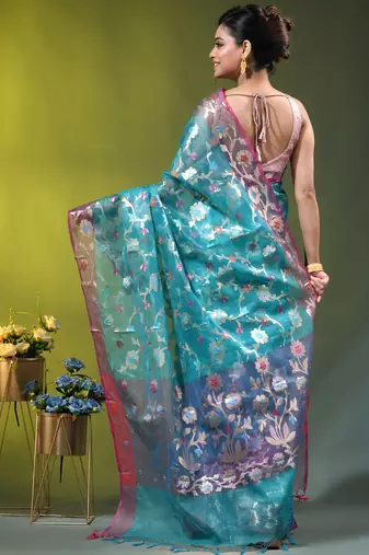 Aqua blue floral zari woven organza saree