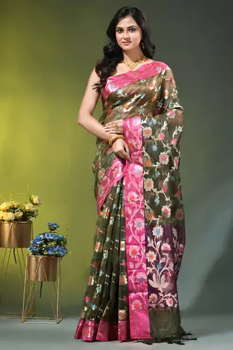 Forest green floral zari woven organza saree