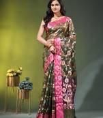 Forest green floral zari woven organza saree
