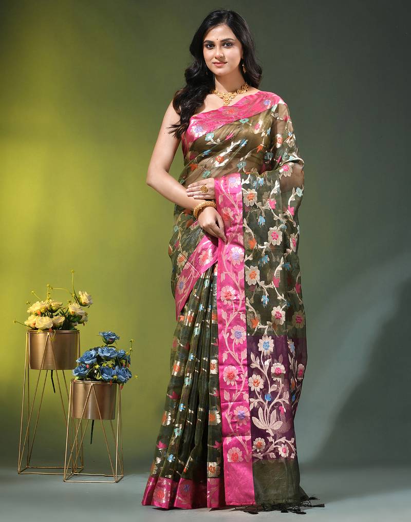 Forest green floral zari woven organza saree