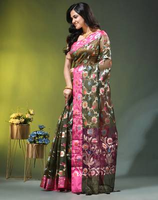 Forest green floral zari woven organza saree 2