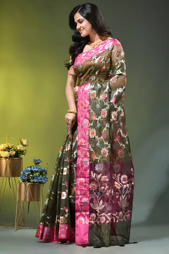 Forest green floral zari woven organza saree