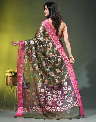 Forest green floral zari woven organza saree 3