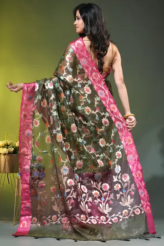 Forest green floral zari woven organza saree