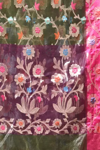 Forest green floral zari woven organza saree