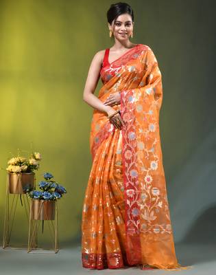 Orange floral zari woven organza saree 1