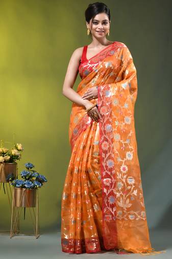 Orange floral zari woven organza saree
