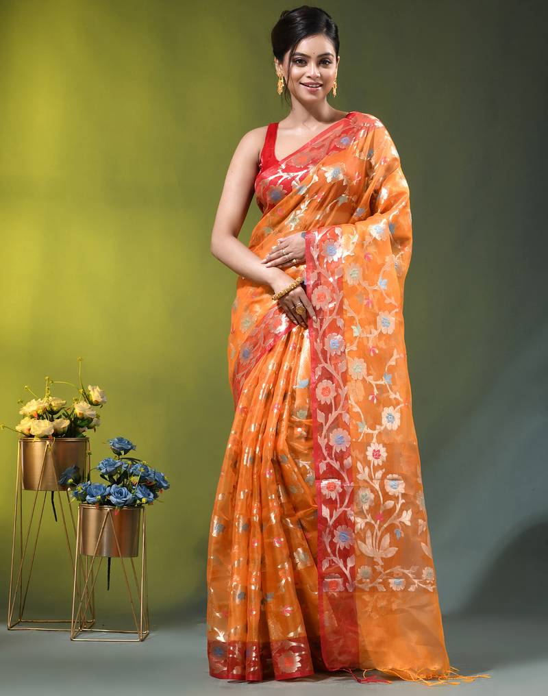 Orange floral zari woven organza saree
