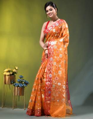 Orange floral zari woven organza saree 2