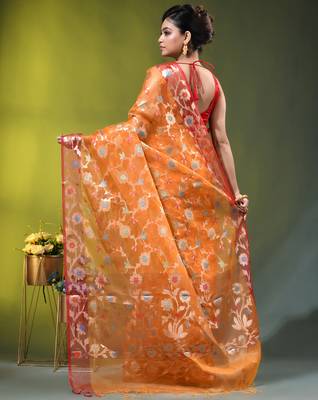 Orange floral zari woven organza saree 3