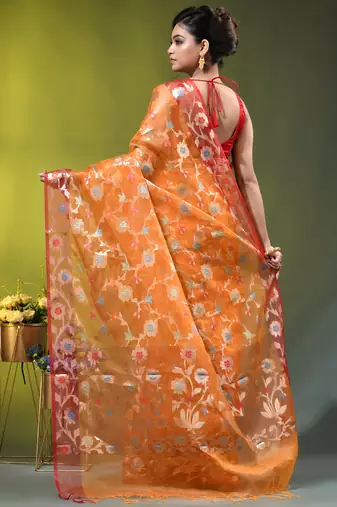 Orange floral zari woven organza saree