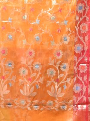 Orange floral zari woven organza saree 4