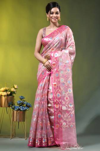Baby pink floral zari woven organza saree