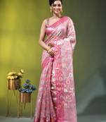 Baby pink floral zari woven organza saree