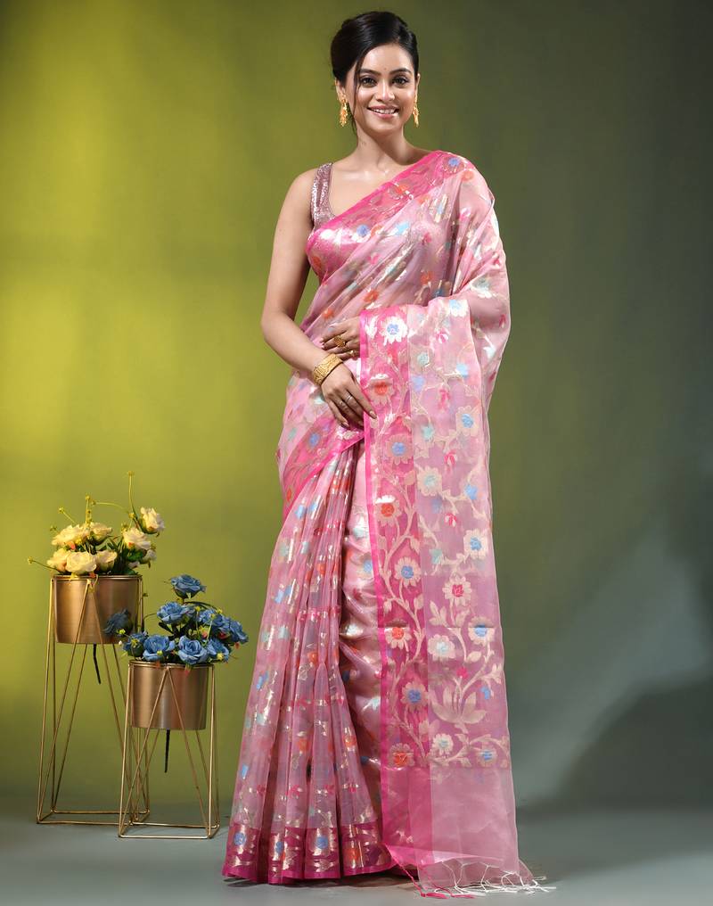 Baby pink floral zari woven organza saree