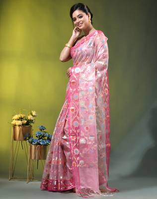 Baby pink floral zari woven organza saree 2