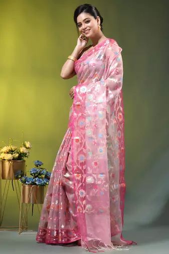 Baby pink floral zari woven organza saree