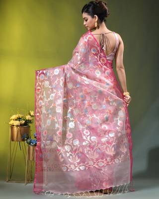Baby pink floral zari woven organza saree 3