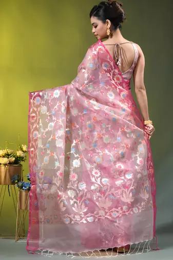 Baby pink floral zari woven organza saree
