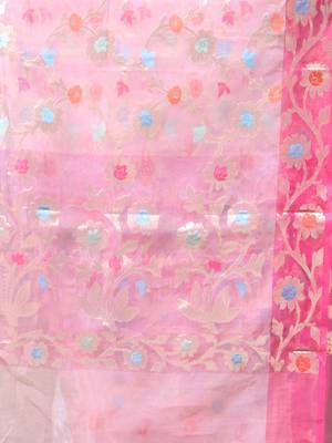 Baby pink floral zari woven organza saree 4