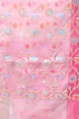 Baby pink floral zari woven organza saree