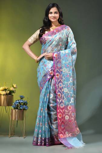 Sky blue floral zari woven organza saree