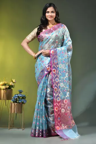 Sky blue floral zari woven organza saree
