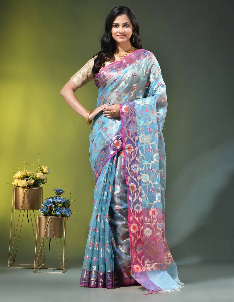 Sky blue floral zari woven organza saree