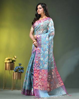 Sky blue floral zari woven organza saree 2
