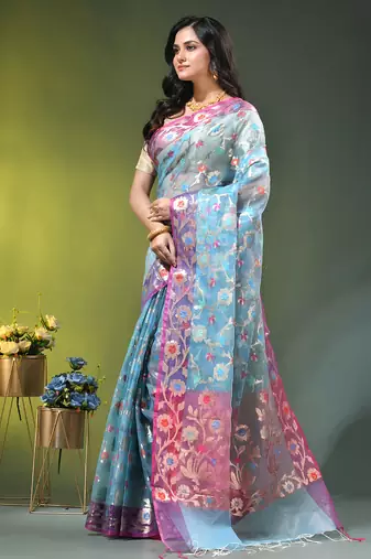 Sky blue floral zari woven organza saree