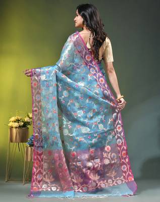 Sky blue floral zari woven organza saree 3